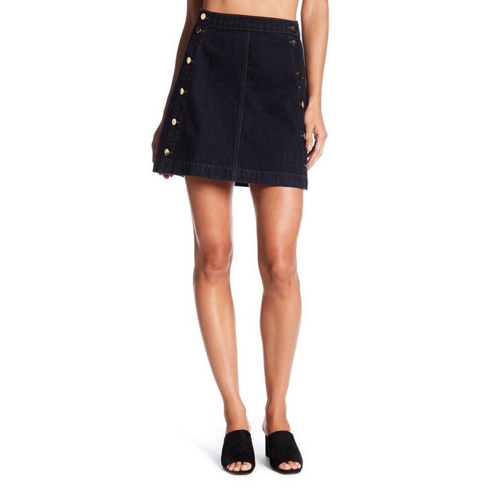 J BRAND ASHLYN SKIRT SILENCIO DARK WASH A-LINE GOLD FINISHED BUTTONS